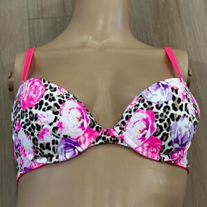 PINK Victoria’s Secret Floral Leopard Push Up Bra 34A Pink Strappy VS PINK Bra